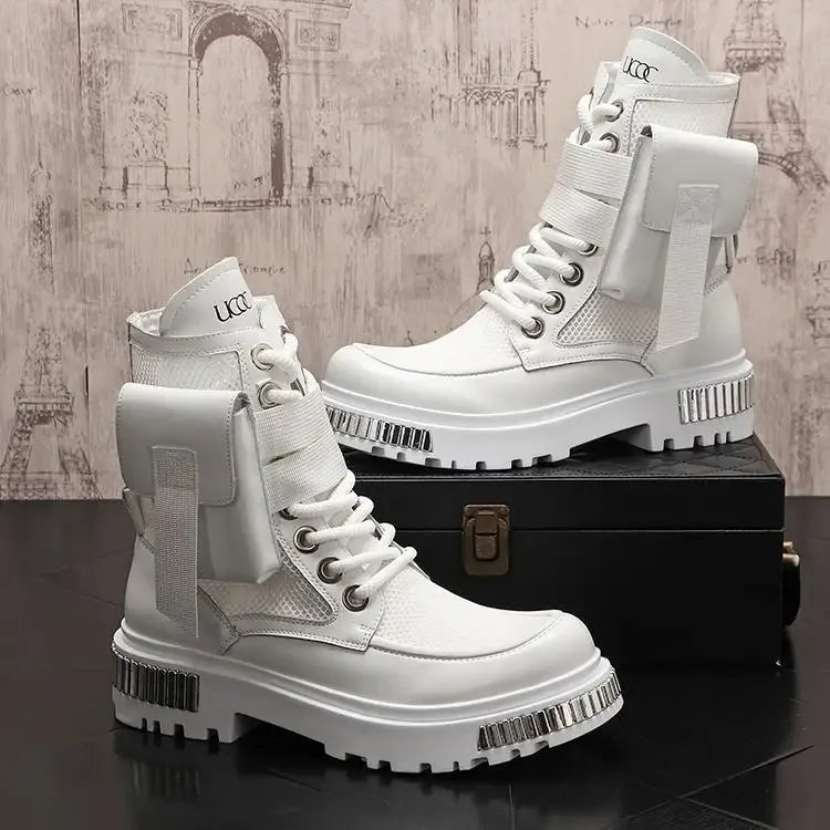 2025 New Men's Thin High-Top New Mid-Calf Motorcycle Height Increasing Insole Summer Ankle Boots Hollow out