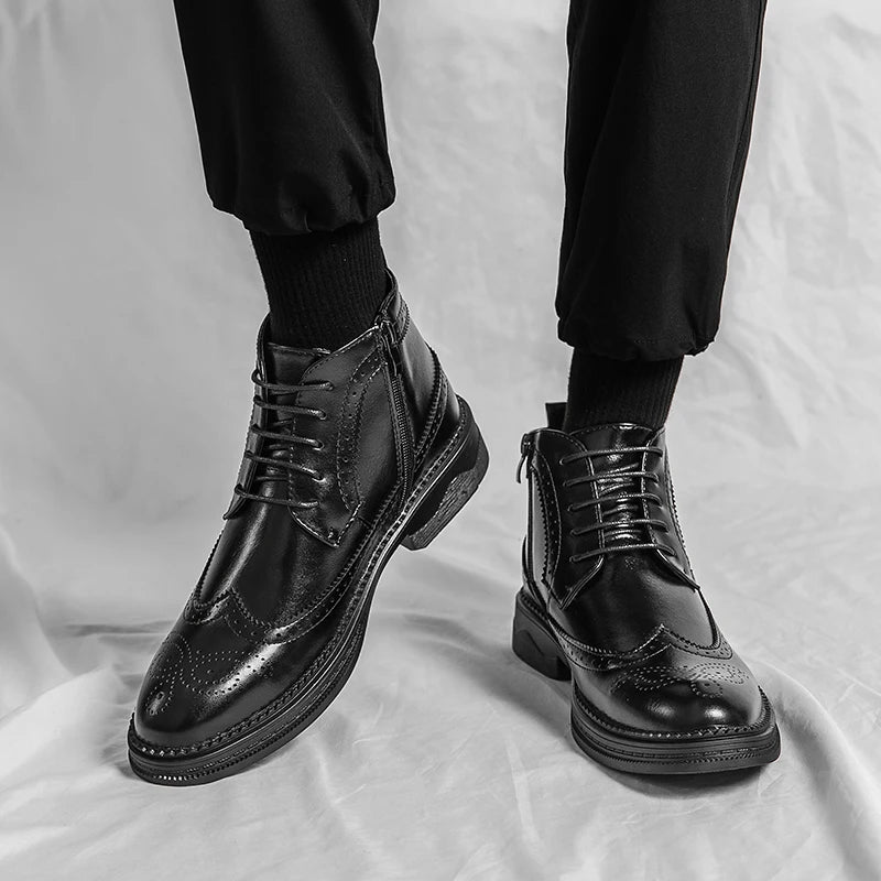 Stylish Casual Leather Ankle Boots for Men All-match Outdoor Man Motorcycle Boots Non-Slip Walking Shoes Sneakers High Top Botas