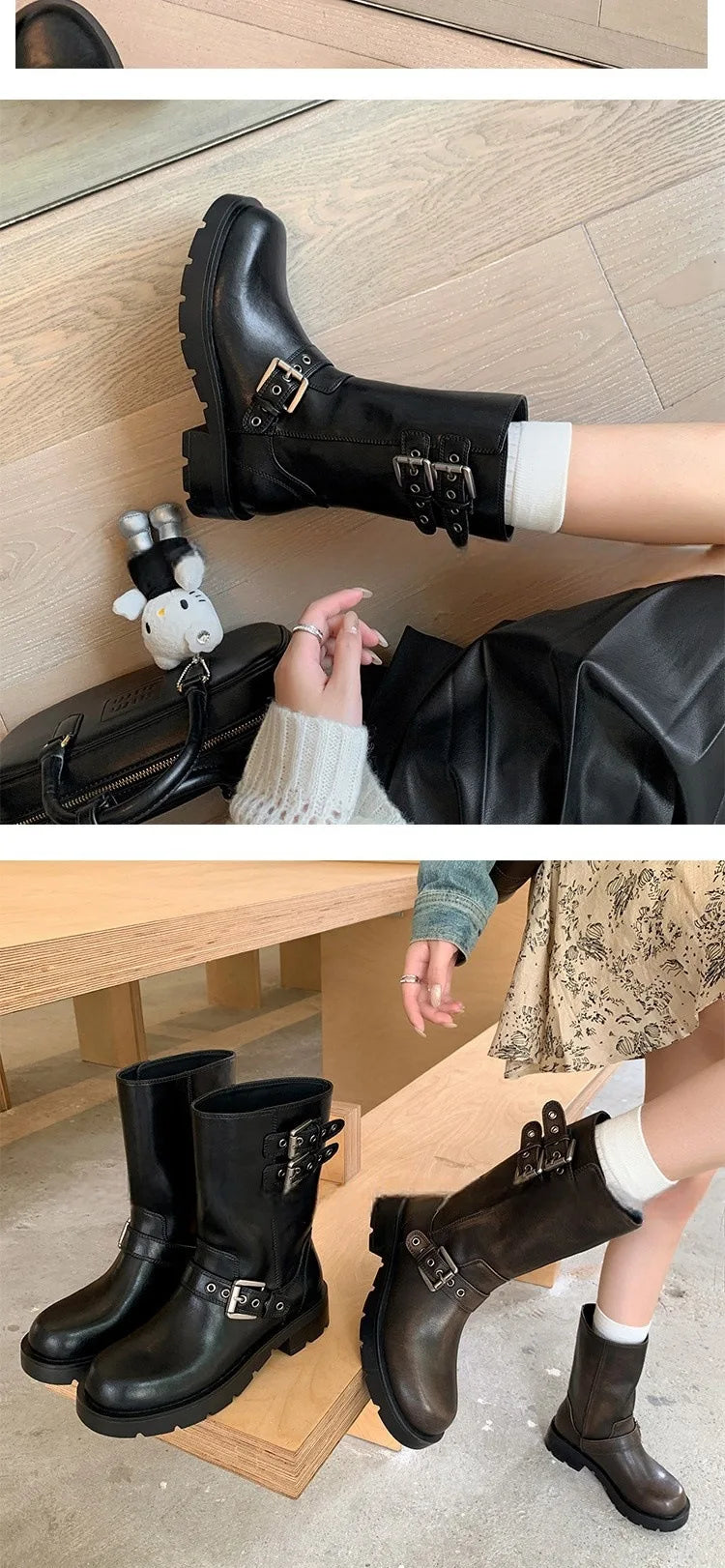 Spring and Autumn Women Boots Retro Platform Boots 2024 Round Toe Solid Color Low Heel Short Buckle Casual Women's Fashion Boots