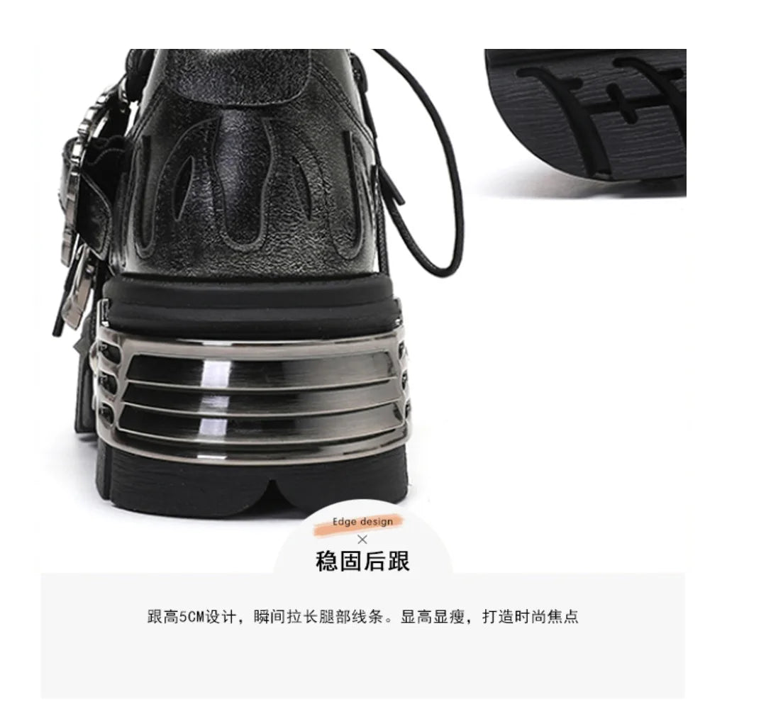 Soled Motorcycle Boots for Women, European and American Short Boots, Retro Lace Up Short Boots Dark gray flame flower shoes