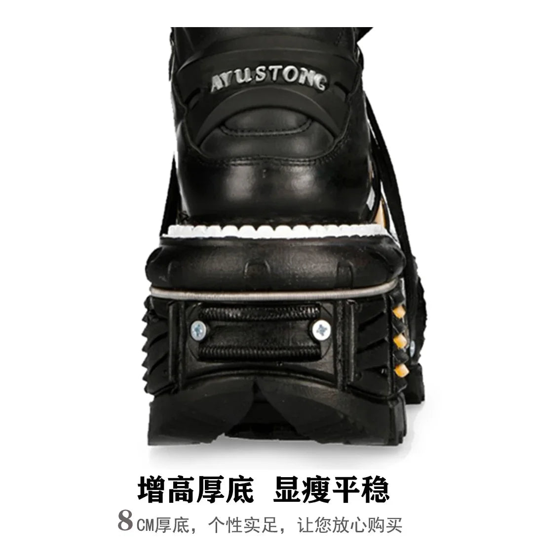 Fashion Men's Genuine Leather Punk New Motorcycle Boots Spanish Tank Metal High-Top Platform Women Handmade Ankle Shoes