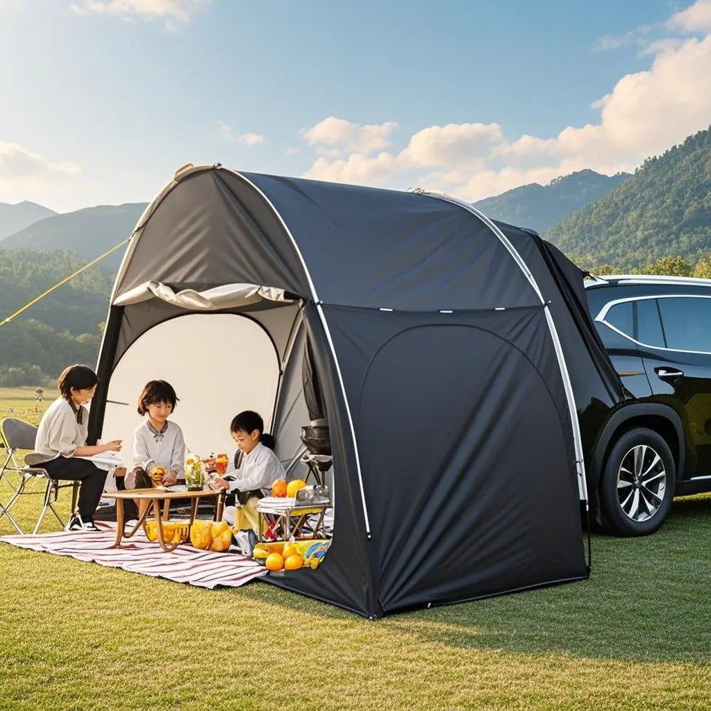 SUV Camping Tents Car Tent with Porch Vestibule Awning Shelter, 4 Person SUV Tent for Car Camping Universal Fits All SUVs Vans