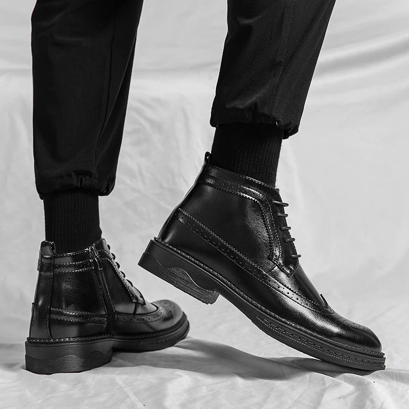 Stylish Casual Leather Ankle Boots for Men All-match Outdoor Man Motorcycle Boots Non-Slip Walking Shoes Sneakers High Top Botas