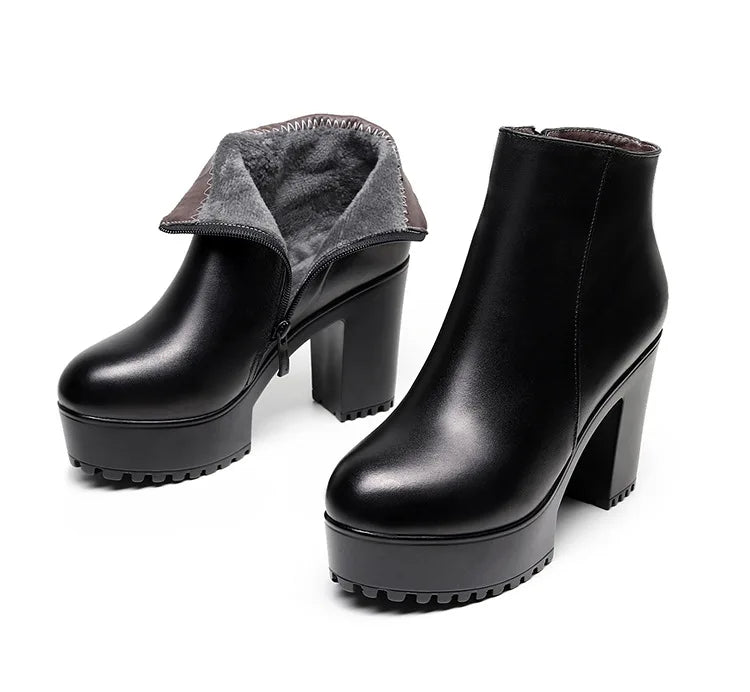 8cm 10cm Small Size 33-43 Thick Bottom Platform Shoes Ankle Boots with Fur 2024 Block High Heels Genuine Leather Boots Office