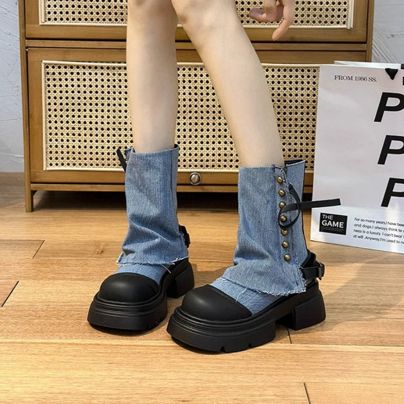 Fall Student Fashion Ankle Boots New Canvas Cowboy Shoes Women's Outdoor Platform Boots Luxury Designer Brand Motorcycle Boots