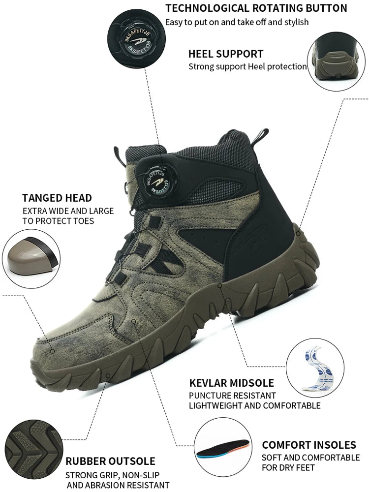Rotating button Safety Boots Men Outdoor tactical boots Indestructible shoes Puncture-Proof Work Boots Steel toe shoes Sneakers