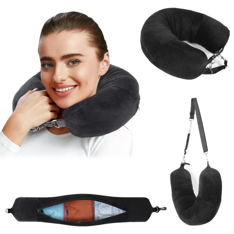 Travel Neck Pillow with Fillable Clothing U-Shaped Pillowcase, Extra Storage Bag, Velvet Neck Pillow Cover for Airplane Travel