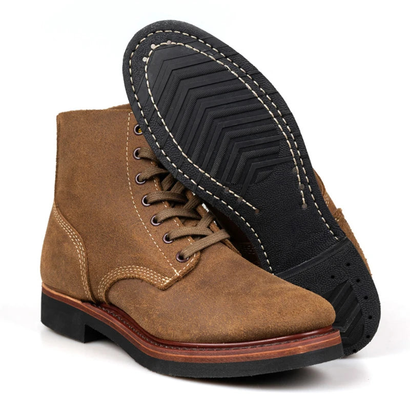 Retro Cowhide Motorcycle Boots High Top Motorbike Boots Durable Goodyear-Welted Moto Boots Wear-resistant Walking Shoes For Men