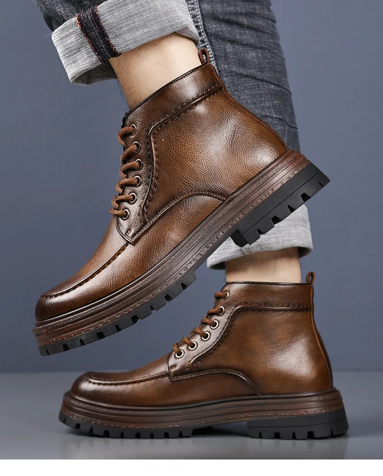 2025 Autumn Winter New Platform Boots for Men Keep Warm Fashion Casual Ankle Boot Male Solid Color Outdoor Cow Leather Shoes Man