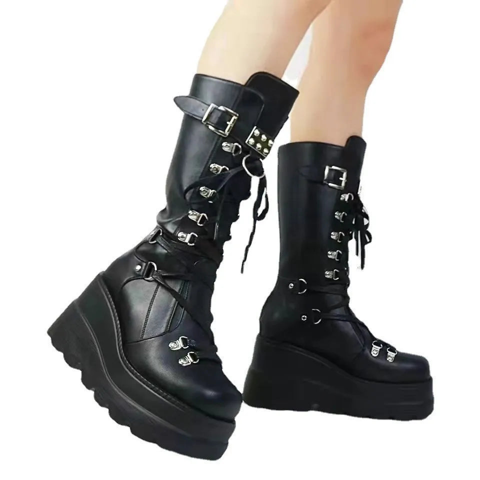 Women High Boots Cosplay Mid-calf Boots High Platform Wedges Boots 2025 Autumn Winter New Designer Gothic Shoes for Women Botas