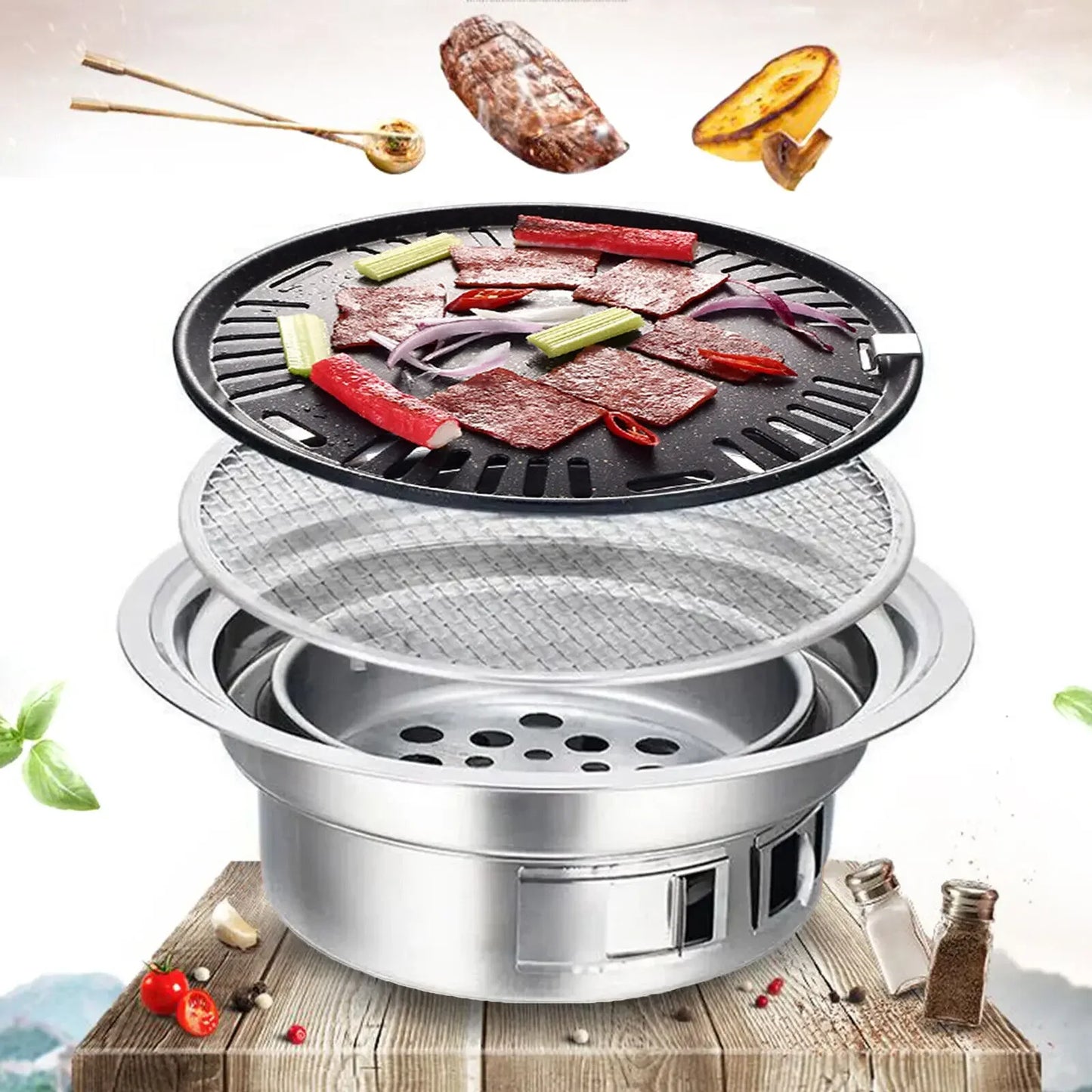 Japanese Korean Stainless Steel Hibachi BBQ Picnic Table Round Grill Outdoor & Indoor Barbecue Stove Cooker Portable