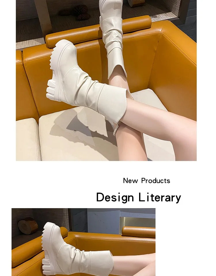 9CM Women Mid Calf Boots Autumn Winte Soft Leather Motorcycle Boots High Platform Square Heels Ladies Chunky Shoes Botas Mujer