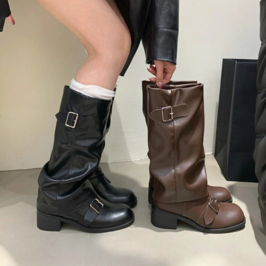 Woman Boots Knee High Platform Heels Trend Punk Gothic New Rock Leather Fashion Women Shoes Motorcycle Footwear Zapatos De Mujer
