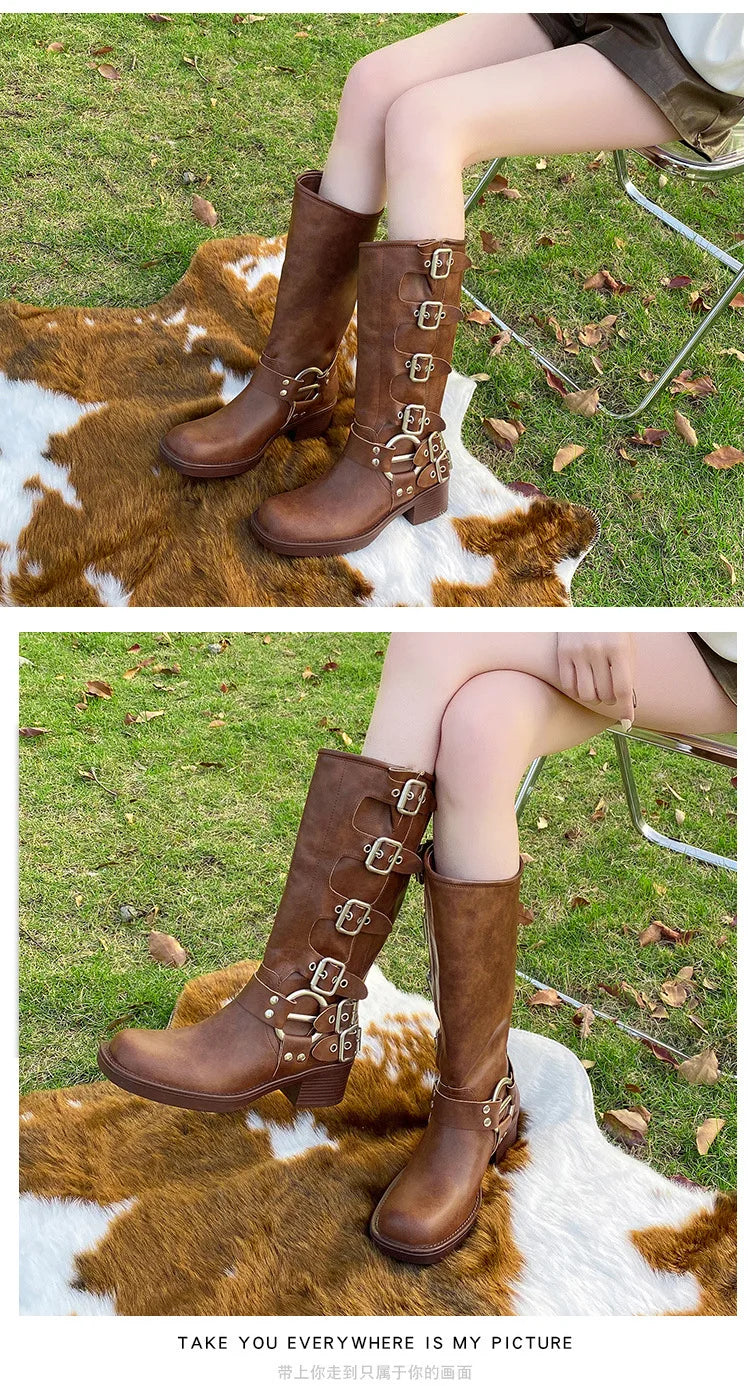 Women's High Platform Boots Metal Buckle Thick Heel Motorcycle Boots Vintage Soft Leather Punk Boot Brown Leather Knight Boot