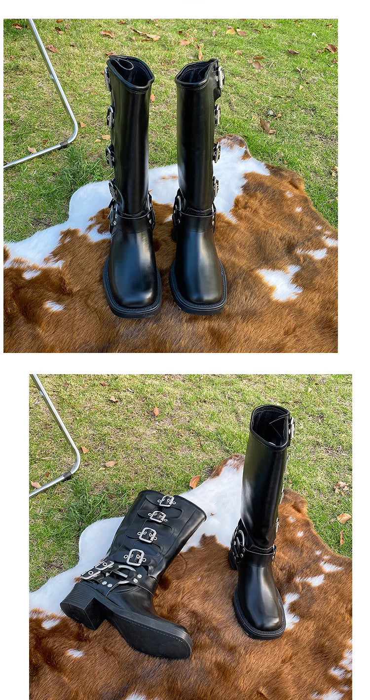 Women's High Platform Boots Metal Buckle Thick Heel Motorcycle Boots Vintage Soft Leather Punk Boot Brown Leather Knight Boot