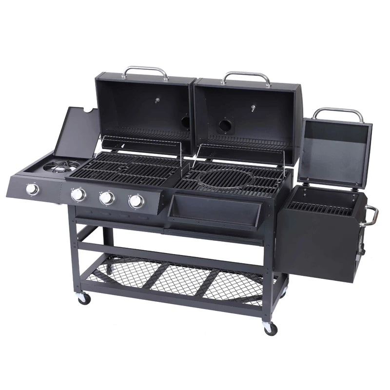 Grill Burner Gas & Charcoal Outdoor with Side Smoker Coated Finish for Family Gatherings