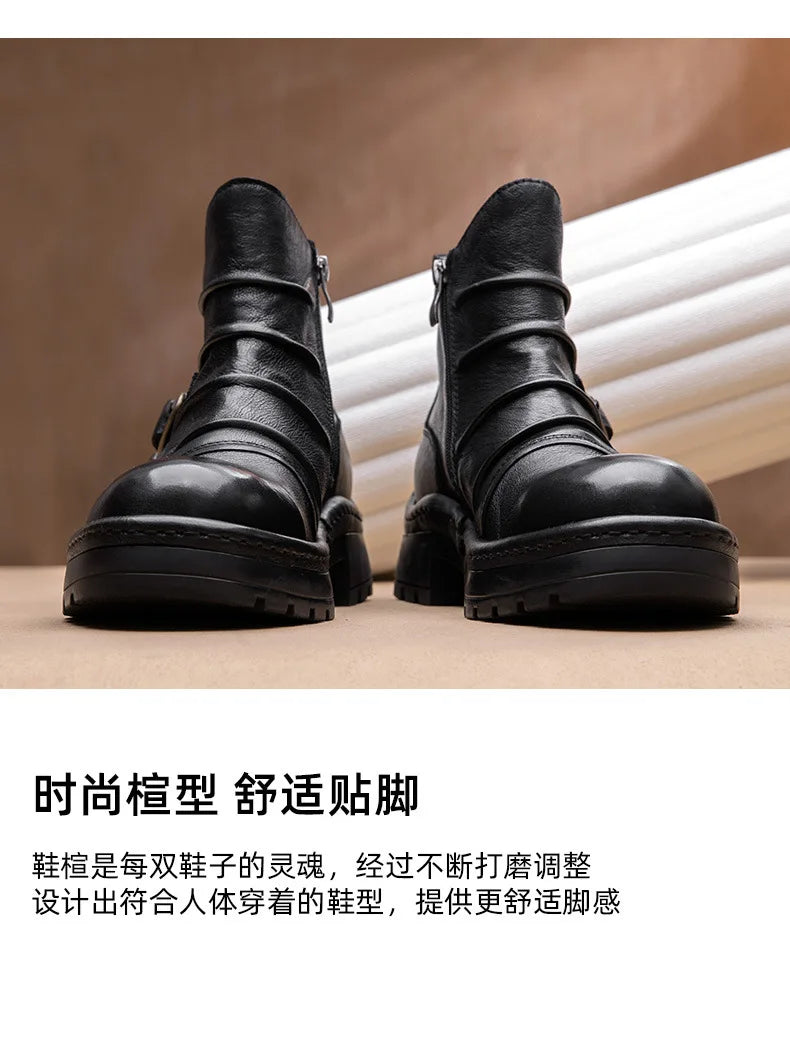 Brown Leather Motorcycle Boots Mens Round Head High Top Motorbike Boots Quality Moto Riding Shoes Thick Soled Summer Winter