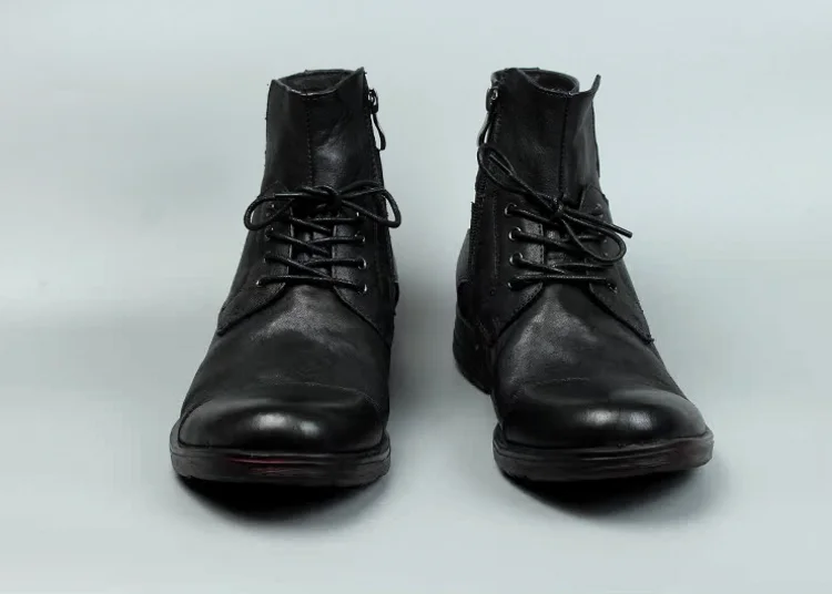 Vintage Mens Cowhide Genuine Leather Riding Ankle Boots Lace Up High Top Work Shoes Vintage Round Toe Autumn Moto Biker Boots