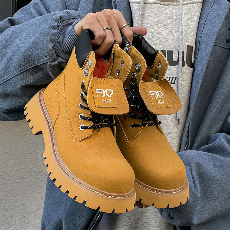 High quality Luxury Leather Boots Man Yellow High top Shoes Winter Men's Ankle Boots Street Motorcycle Shoes botas para hombre