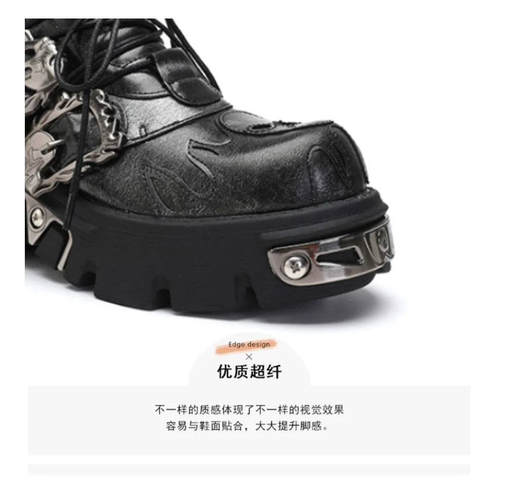 Soled Motorcycle Boots for Women, European and American Short Boots, Retro Lace Up Short Boots Dark gray flame flower shoes