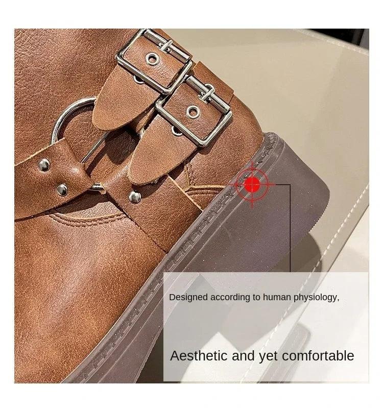 WOMEN'S platform knee-high Knight casual long boots chunky vintage fashion buckle luxury designer Western cowboy woman shoes