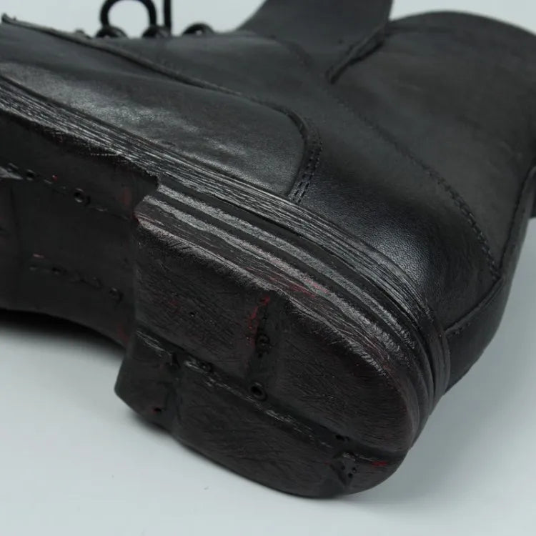 Vintage Mens Cowhide Genuine Leather Riding Ankle Boots Lace Up High Top Work Shoes Vintage Round Toe Autumn Moto Biker Boots