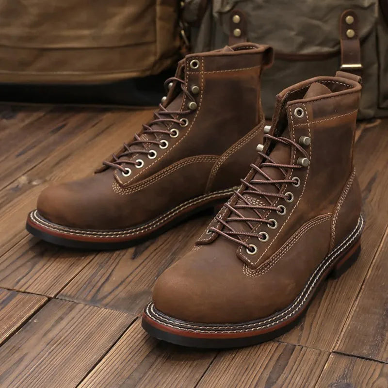 Motorcycle Boots Men Leather Shoes Vintage Cowhide Desert Boots Non-Slip Casual Motorcycle Shoes Retro Ankle Boots