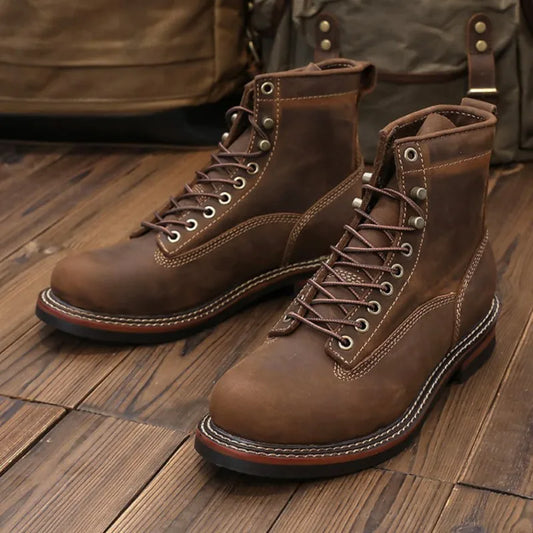 Motorcycle Boots Men Leather Shoes Vintage Cowhide Desert Boots Non-Slip Casual Motorcycle Shoes Retro Ankle Boots