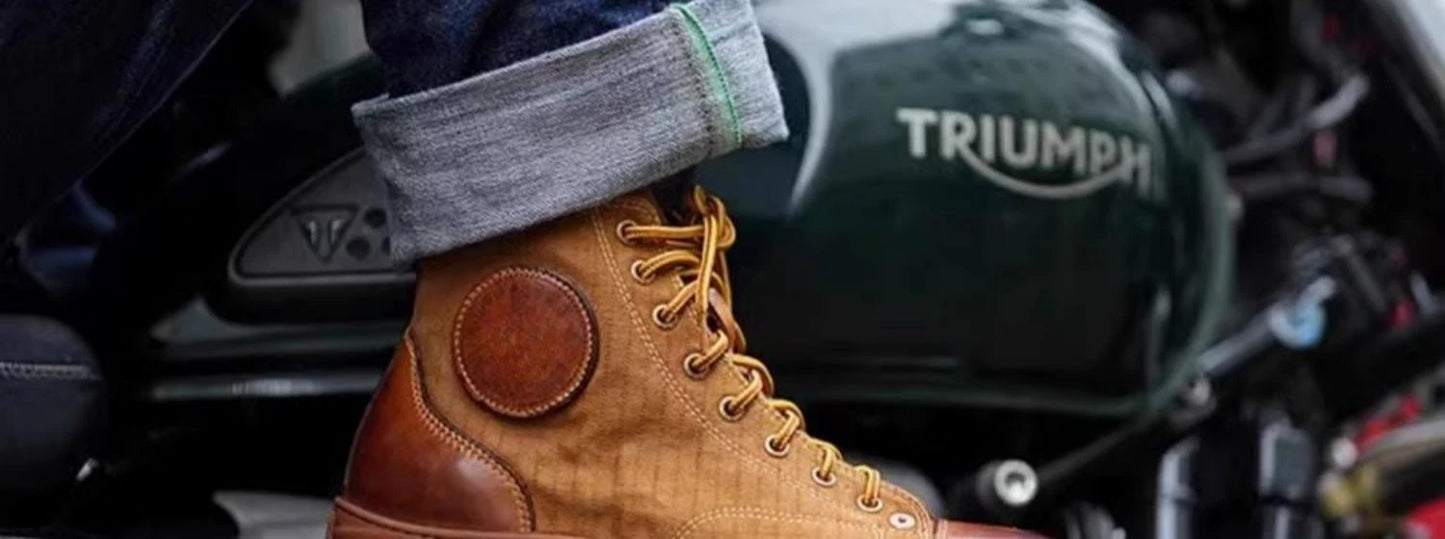 Retro Uglybros Motorcycle Boots Cowhide Canvas Shoes Ankle Protect Motorbike Zapatone British Style Botas For Harley For TRIUMPH
