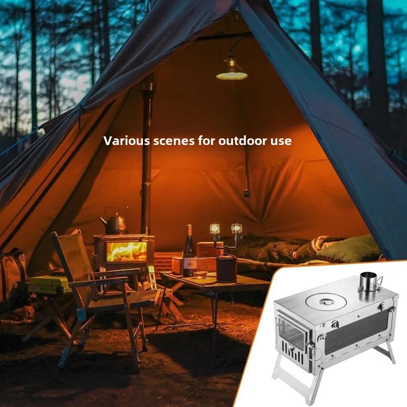Stainless Steel Portable Tent Stove Foldable with Side Glass Chimney Burner Camping Wood Stove Heating Cooking Grill