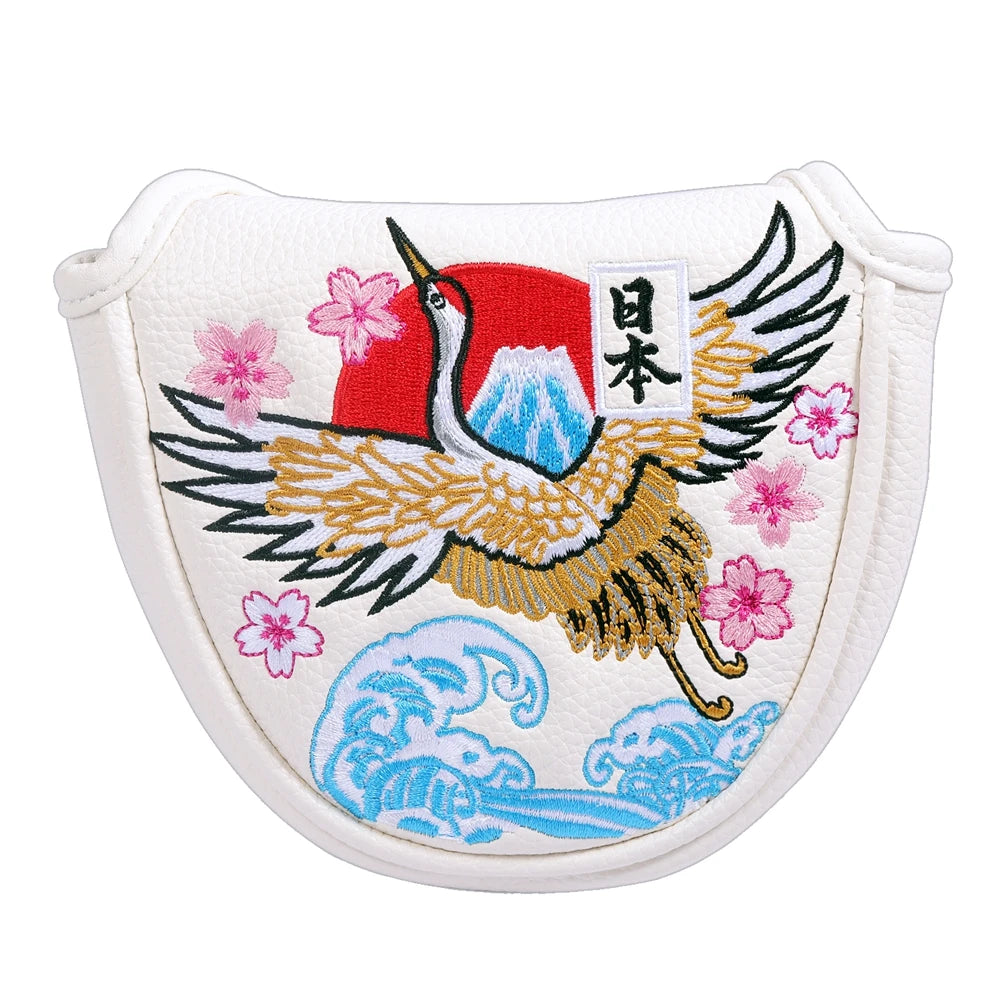 PU Leather Crane Japan Embroidery Magnetic Closure Golf Blade Putter Cover Golf Mid Mallet Putter Headcover