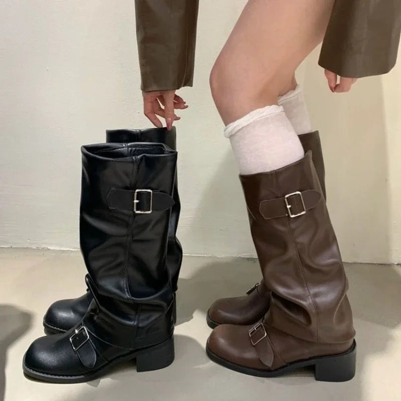 Rock Women Boots Punk Ladies Shoes Women Buckle Knight Boots Motorcycles Boots Woman Slip-On Thick Heel Riding Botas Mujer 2024