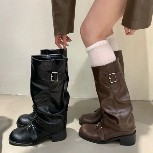Rock Women Boots Punk Ladies Shoes Women Buckle Knight Boots Motorcycles Boots Woman Slip-On Thick Heel Riding Botas Mujer 2024