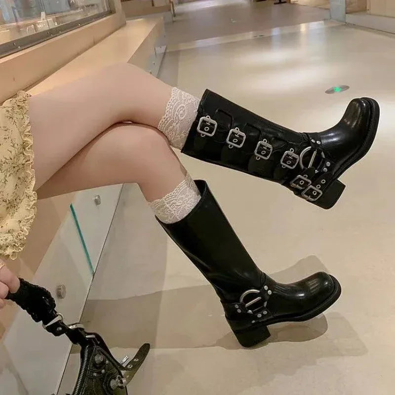 Metal Buckle Square Toe Knee High Boots Women Black PU Leather Punk Long Boots Woman Autumn 2025 Chunky Heels Motorcycle Booties