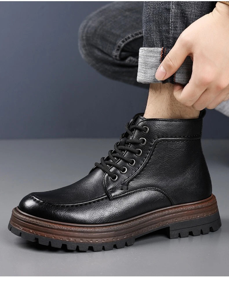 2025 Autumn Winter New Platform Boots for Men Keep Warm Fashion Casual Ankle Boot Male Solid Color Outdoor Cow Leather Shoes Man
