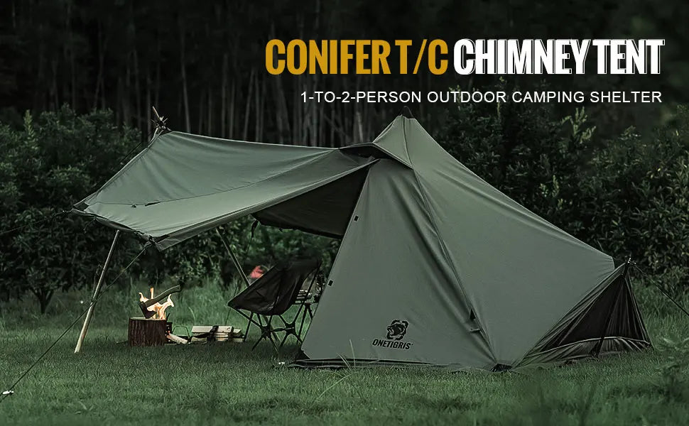 OneTigris CONIFER T/C Chimney Tent 1-2 persons Pyramid/Teepee Hot Tent With Tent Poles Snow Skirts for Camping & Bushcrafting