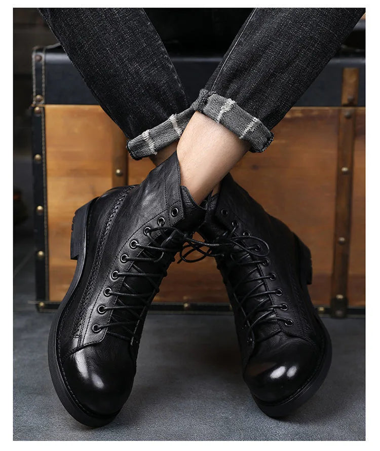 Retro Men Boots Handmade Toe Polish Men Ankle Boots Casual Leather High-top Shoes Platform Motorcycle Booties New Bota Masculina