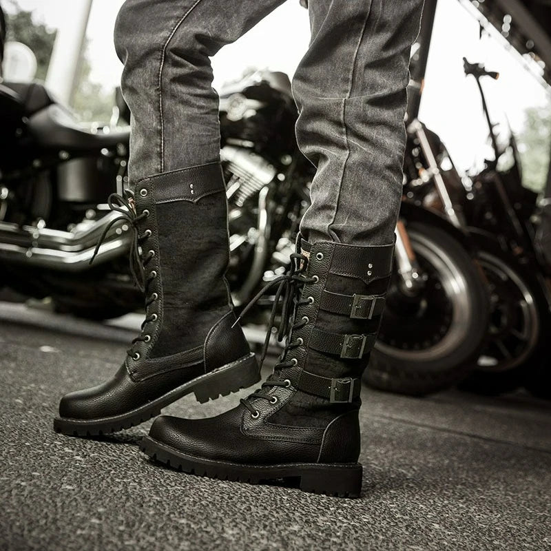 Luxury Men Boots Leather Motorcycle Boots Fashion Lace Up High Top Boots British Male Mid Calf Boot Plus Size Buckle Strap Boot