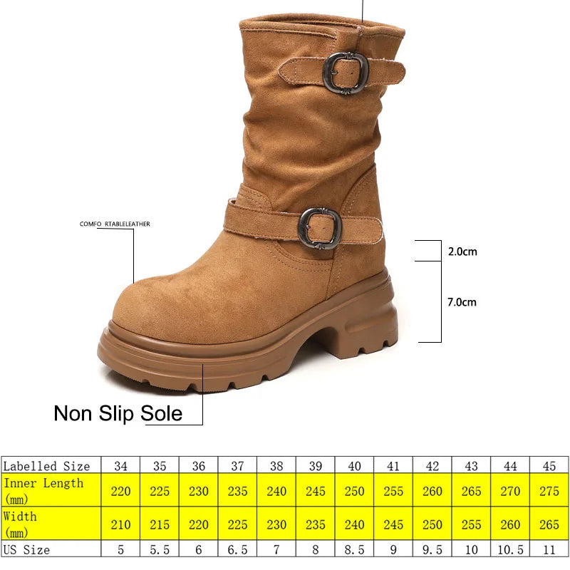 Fujin 9cm Leather Women’s Platform Ankle Boots Booties, Chunky Motorcycle Style Casual Streetwear Fall Winter Fashion Shoes