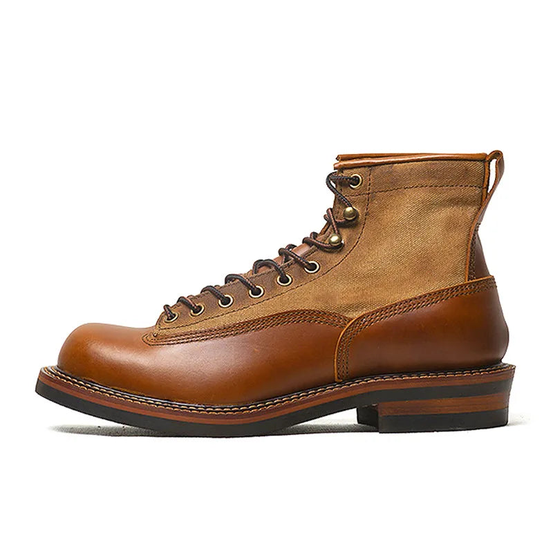 Retro Mens Motorcycle Boots Genuine Cowhide Leather Motorbike Riding Boots Vintage Hight-Top Moto Boots Motocross Ankle Shoes