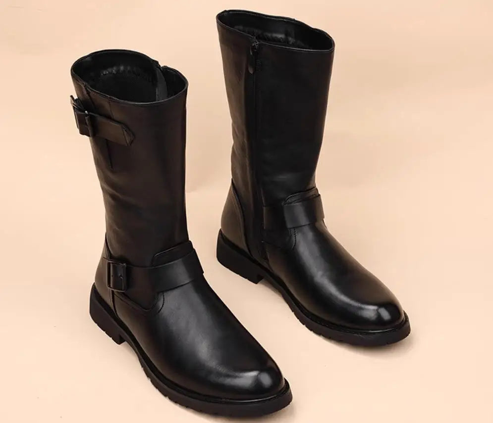 Men Fashion Leather Motorcycle Boots Mid-calf Warm Boots Black Gothic Belt Rivet Punk Rock Boots Tactical Boots 37-45