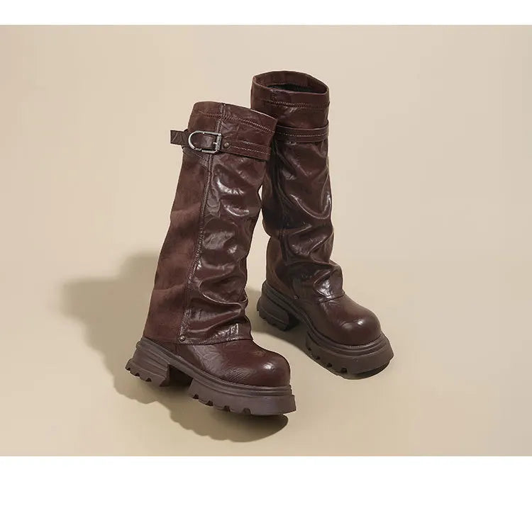 Fujin 8cm Knee High Boots Sexy for Women Platform Heel Motorcycle Booties Punk Genuine Leather Autumn Comfortable Chunky Shoes