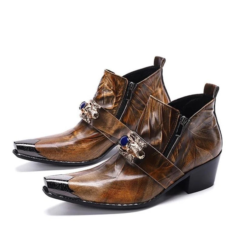 Western men's booties leather shoes pointy brown leather ankle boots men's zipper 6.5cm high heels motorcycle shoes