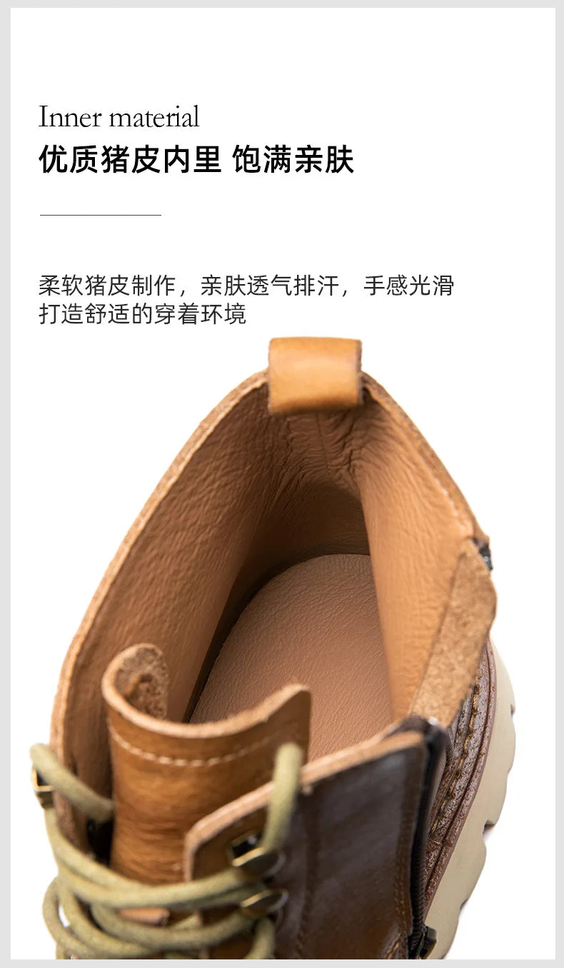 Men's Motorcycle Boots Genuine Leather High Top Motorbike Ankle Boots Thick Soled Vintage Round Toe Casual Punk Dress Shoes