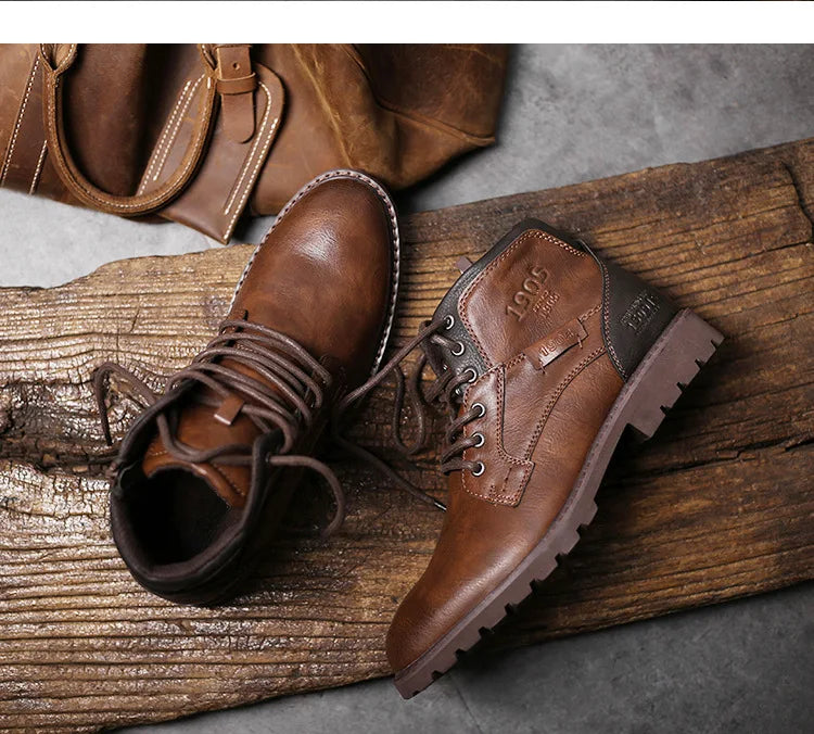 High Quality Men Ankle Boots Plus Size Fashion High Top Leather Shoes Autumn Outdoor Work Casual Shoes Motorcycle Boots Brown