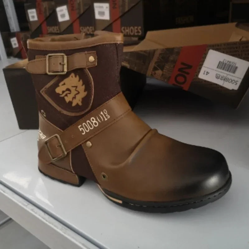 2025 New In Men Boots Luxury Handmade Men Ankle Boots Metal Buckle Zipper Motorcycle Boots Outdoor Plus Size 39-48 Punk Bottines