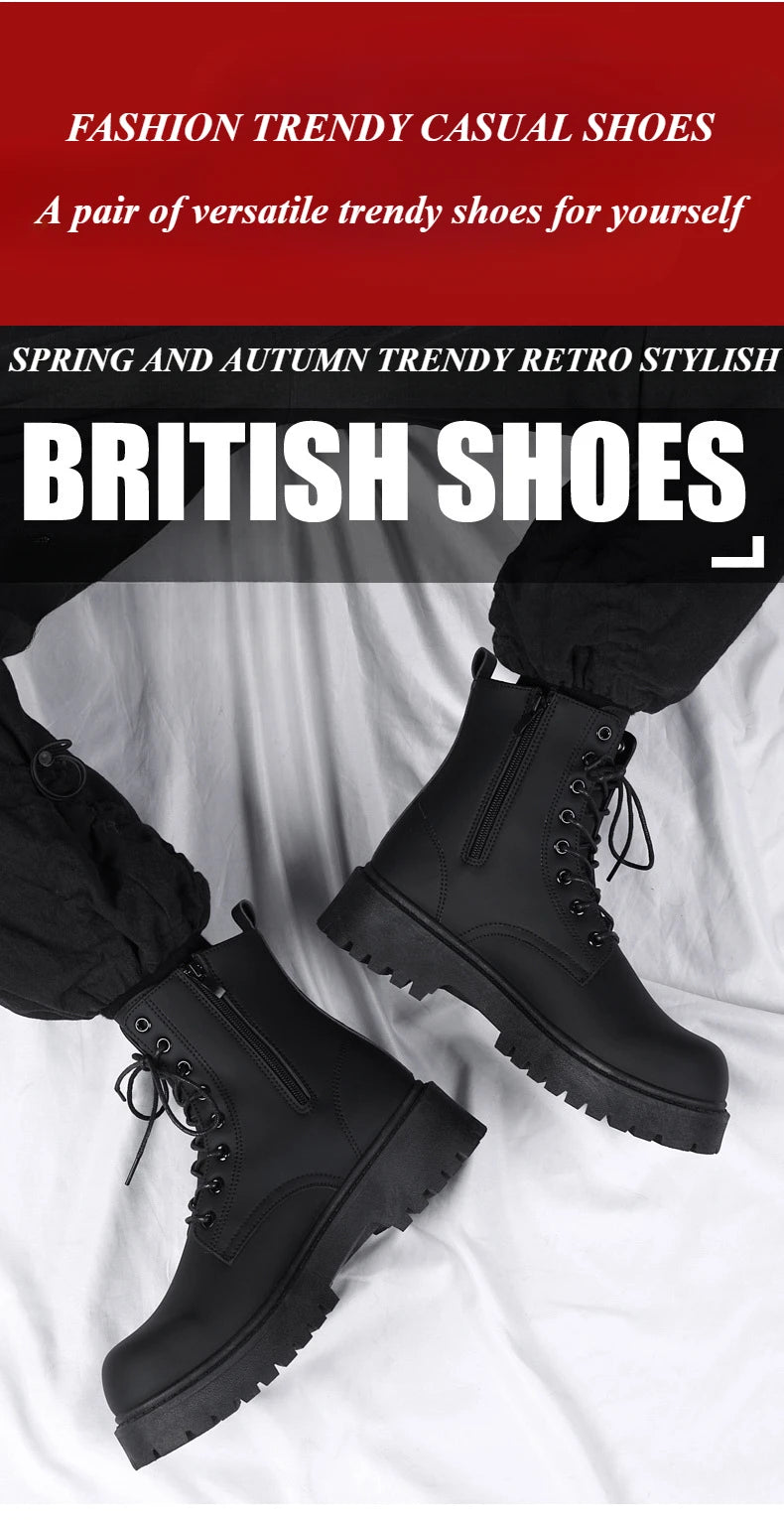 Black Leather Boots for Men High Top Platform Lace Up Light Fashion Motorcycle Boots British Style Men's Waterproof Casual Boots