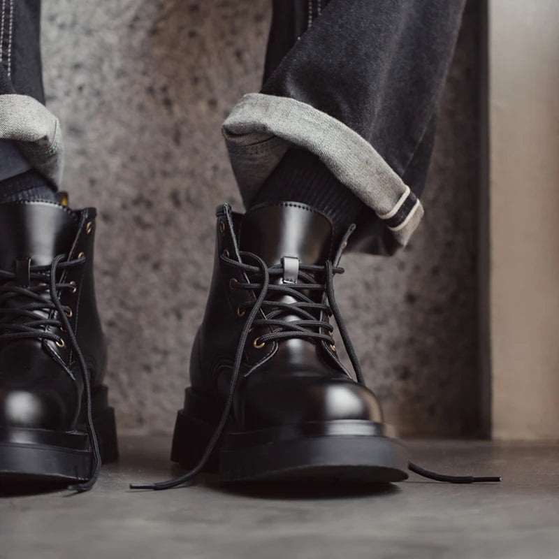 Maden Men's Handmade Cowboy Boots Black Motorcycle Boot British Split Leather TPR Sole Work Safety Boot Mid Outside Shoes