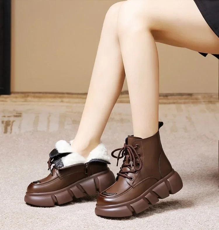 Women's Boots  Winter New Fur Snow Boots Platform Plush Comfortable Anti Slip Warm Lace Up Cold Proof Cotton Ankle Boots