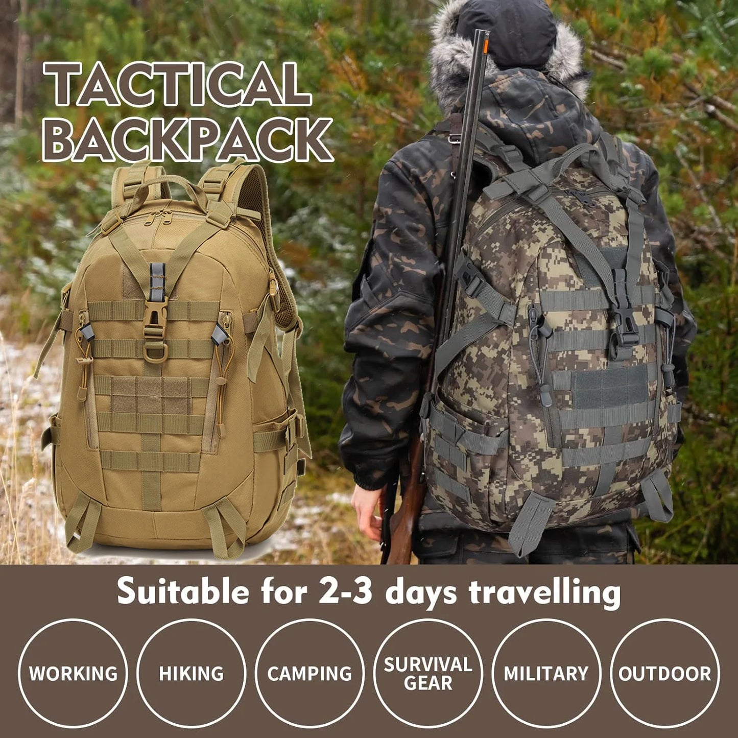 40L Tactical Camping Backpack Reflective Safety Mens Travel Hiking Rucksack MOLLE System Military Style Shoulder Straps Outdoor